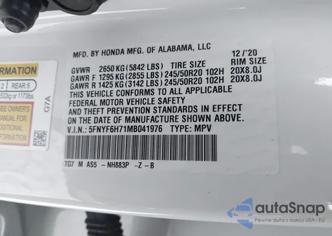 2021 Honda Pilot Awd Black Edition from USA, damaged, VIN 5FNYF6H71MB041976